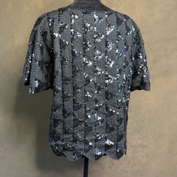 Vintage Hand Embroidered Black Sequin Beaded Top Blouse Scallop Hem Size 42 - Picture 3 of 10
